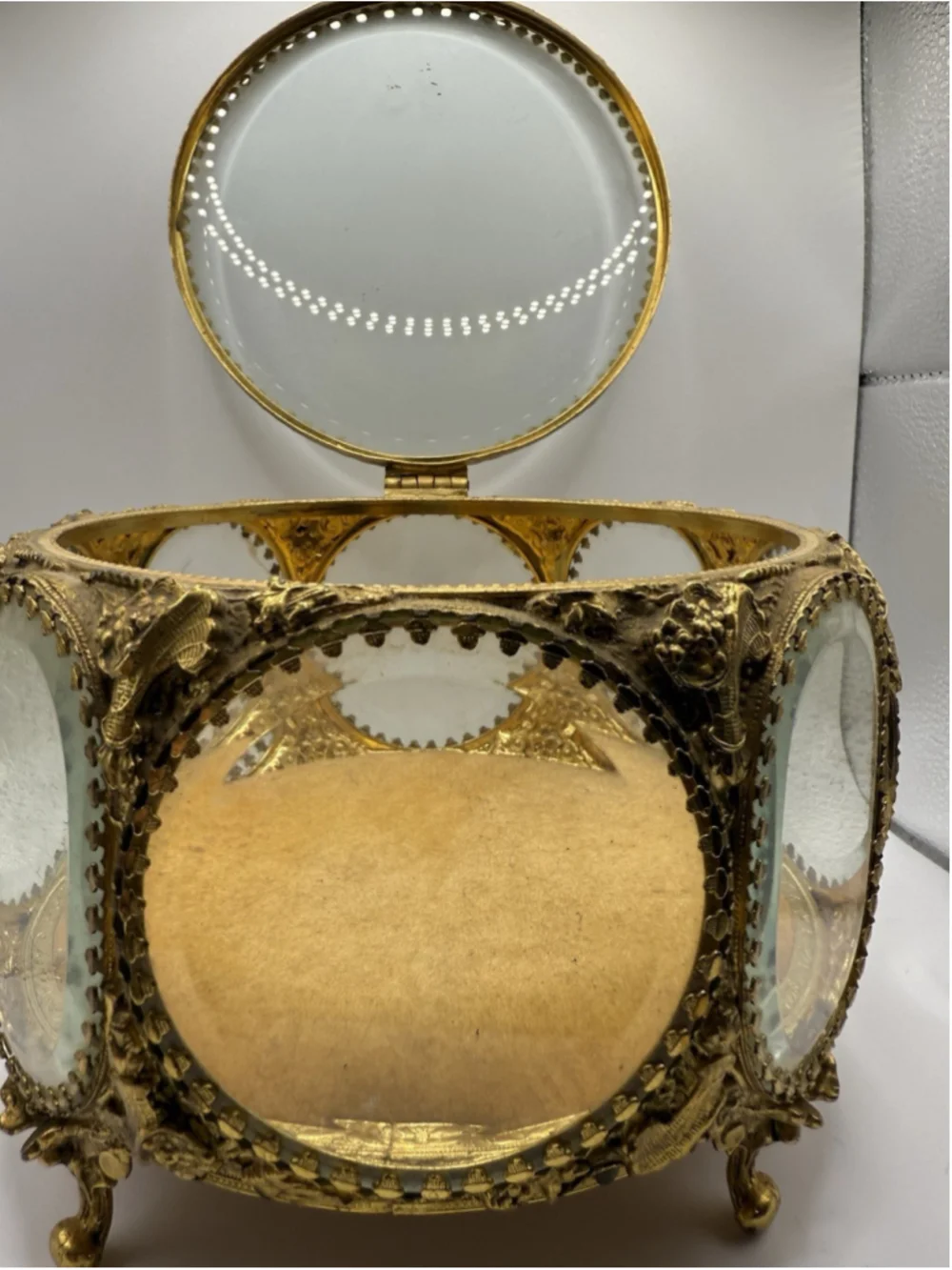 Vintage Ormolu 5 Sided Jewelry Casket Beveled Glass Trinket Box